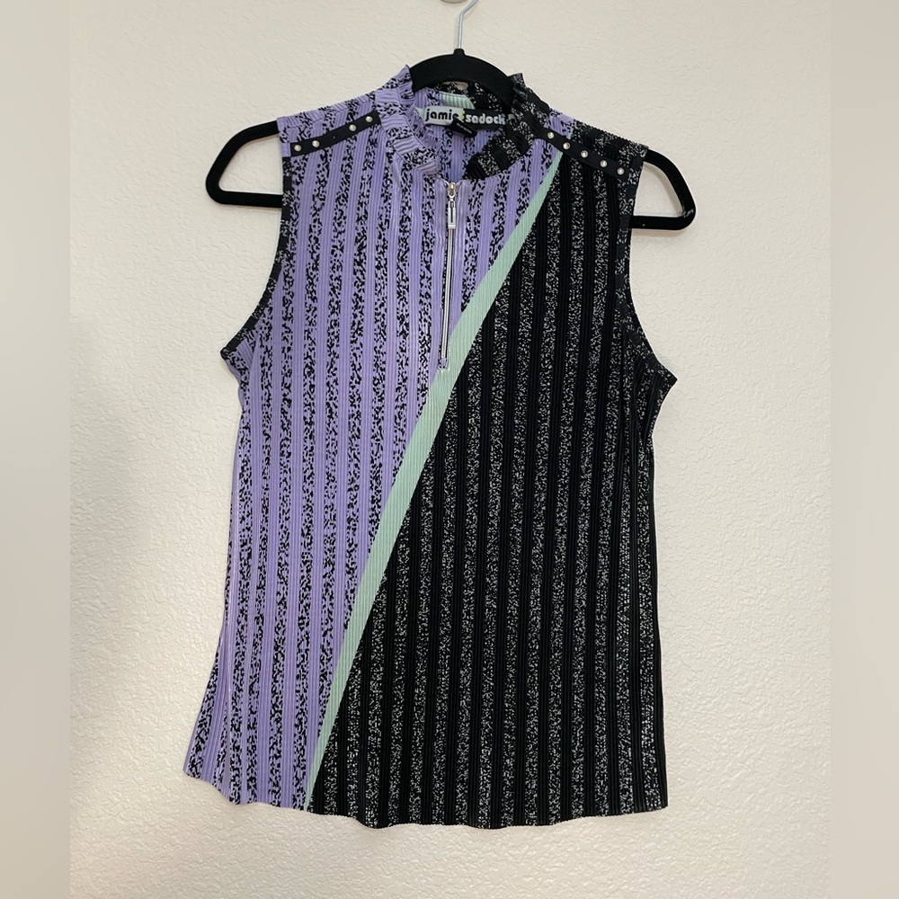 Vintage Jamie Sadock Sleeveless Polo - Lavender & Black with Mint Stripe